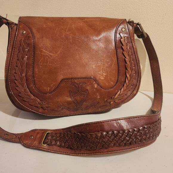 COLE HAAN Sierra Lasercut Brown Leather Crossbody Purse Distressed Boho Chic Bag - Picture 1 of 9